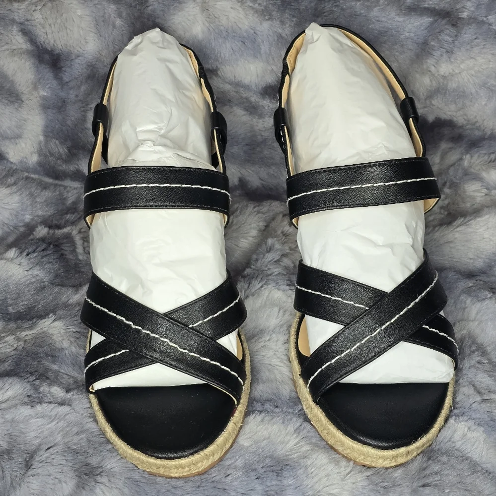 NWB Polly‎ Mid Womens Faux Leather Slingback Wedge Sandals In Black Size 9.5